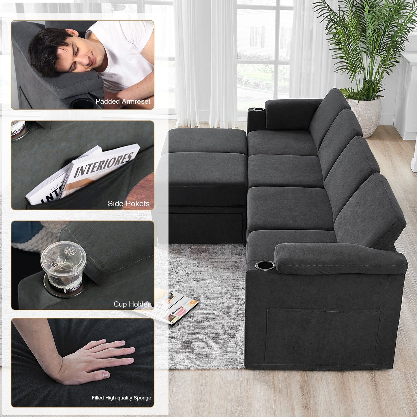 119.6" Modular Sectional Sleeper Sofa Bed for Living Room Cloud Couch Velvet Couches Padded Armrests Side Pocket Cup Holder - HOMYHOMEY DIRECT