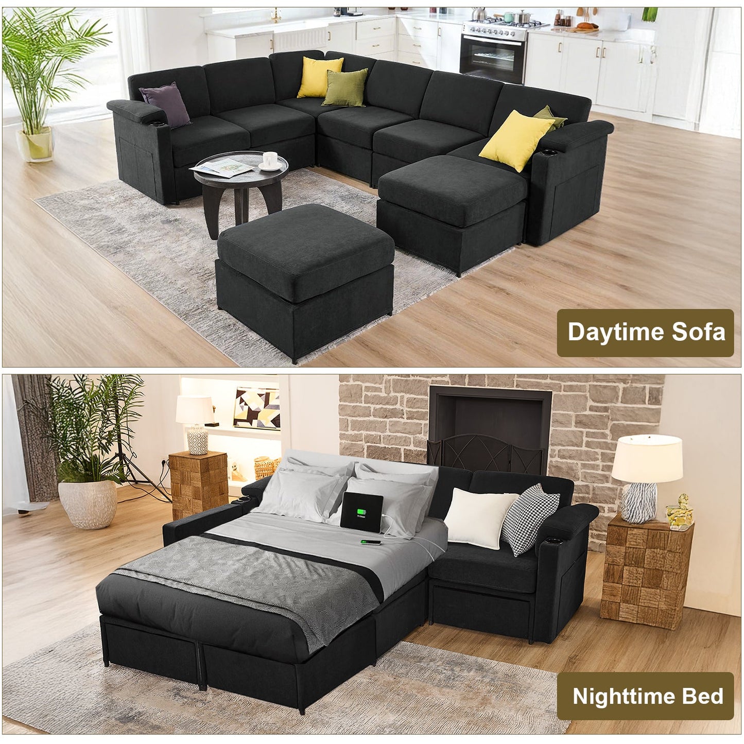 119.6" Modular Sectional Sleeper Sofa Bed for Living Room Cloud Couch Velvet Couches Padded Armrests Side Pocket Cup Holder - HOMYHOMEY DIRECT