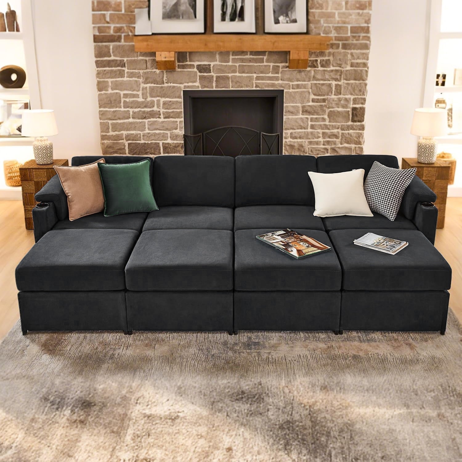 119.6" Modular Sectional Sleeper Sofa Bed for Living Room Cloud Couch Velvet Couches Padded Armrests Side Pocket Cup Holder - HOMYHOMEY DIRECT