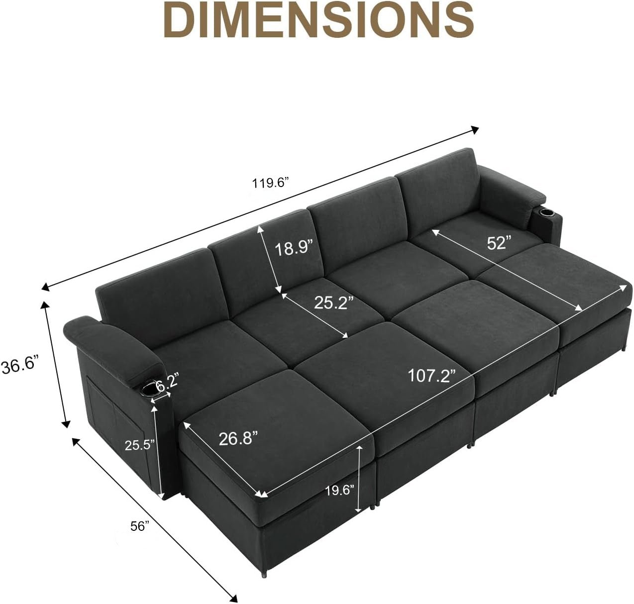 119.6" Modular Sectional Sleeper Sofa Bed for Living Room Cloud Couch Velvet Couches Padded Armrests Side Pocket Cup Holder - HOMYHOMEY DIRECT