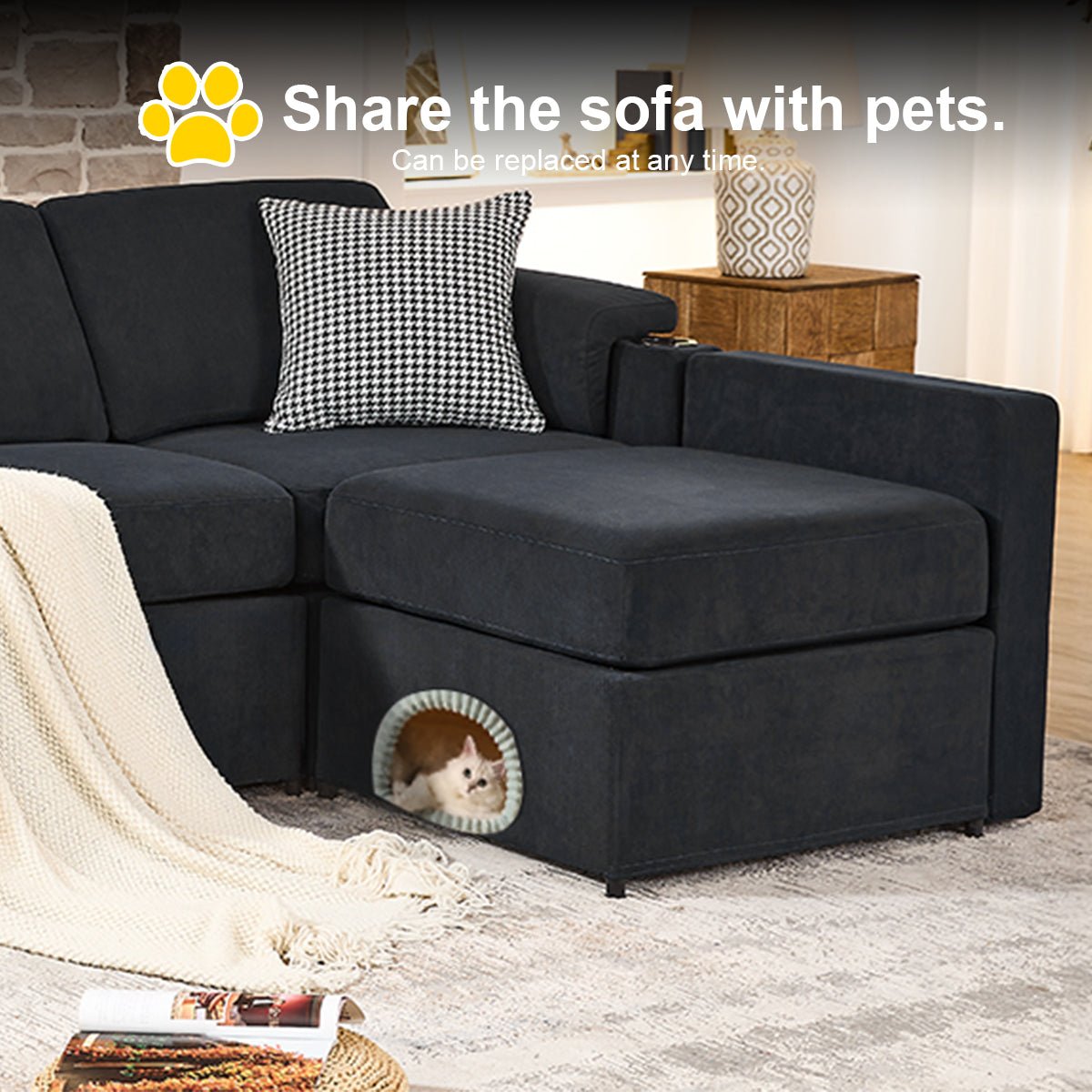 119.6" Modular Sectional Sleeper Sofa Bed for Living Room Cloud Couch Velvet Couches Padded Armrests Side Pocket Cup Holder - HOMYHOMEY DIRECT