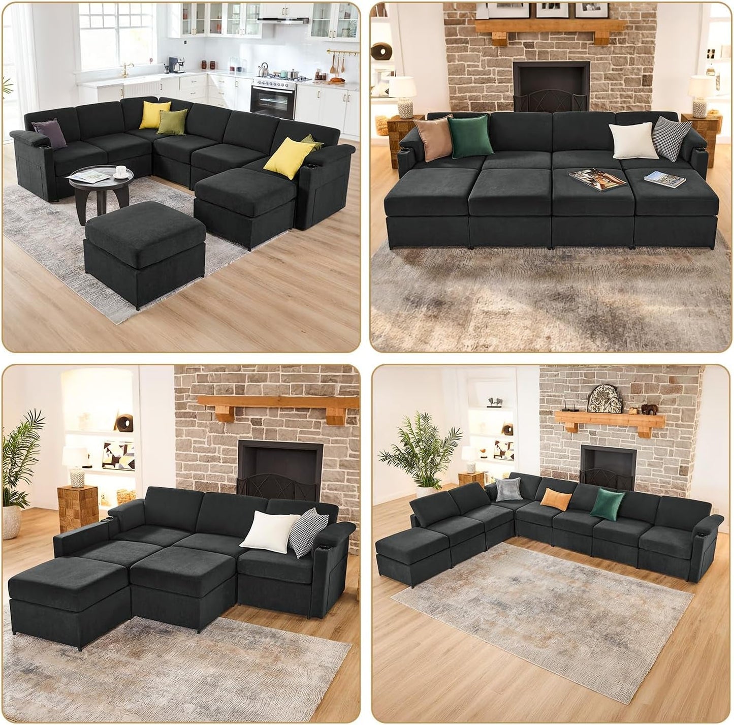 119.6" Modular Sectional Sleeper Sofa Bed for Living Room Cloud Couch Velvet Couches Padded Armrests Side Pocket Cup Holder - HOMYHOMEY DIRECT