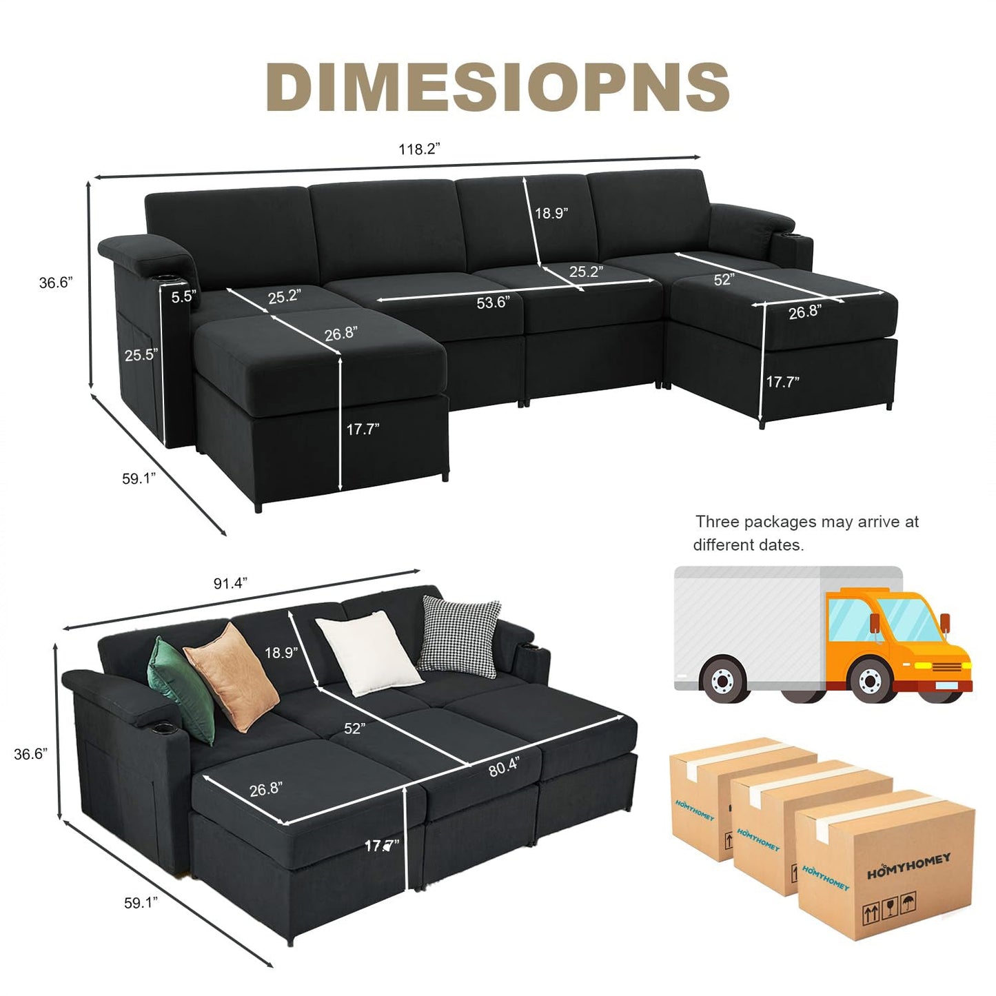 119.6" U Shaped Cloud Couch Modular Sectional Sofa with 2 Ottoman.6 - Seat Deep Seat Sofa for Living Room Apartment Bedroom - HOMYHOMEY DIRECT