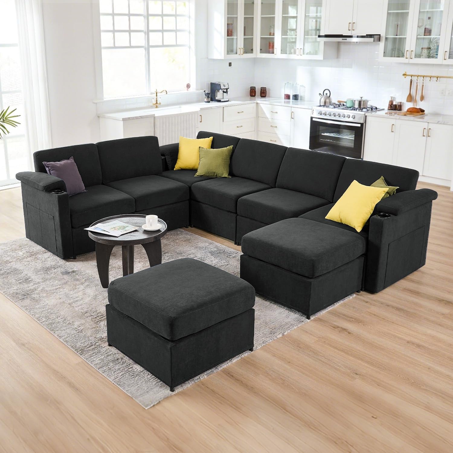 Modular Sectional Sofa Couch for Living Room Velvet Couches Oversized U Shaped Sectional Couch Convertible Sleeper Sofa Chaise Padded Armrests Washable Cover Cup Holder - HOMYHOMEY DIRECT