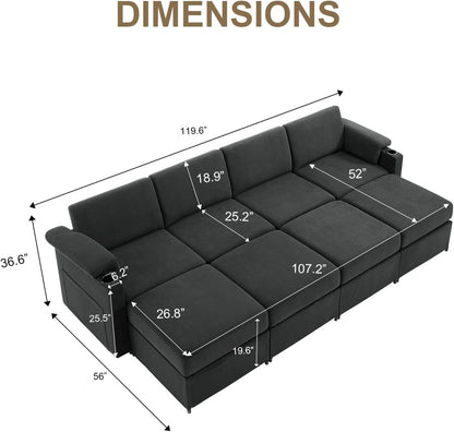 119.6" Modular Sectional Sleeper Sofa Bed for Living Room Cloud Couch Velvet Couches Padded Armrests Side Pocket Cup Holder - HOMYHOMEY DIRECT