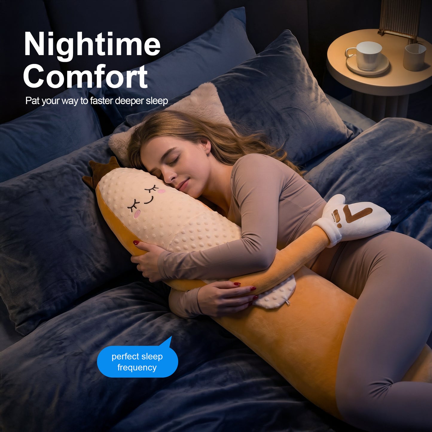 Full Body Sleep Buddy Hugging Pillow with Gentle Patting Function, Warm Compress & Custom Voice Recording, Ergonomic Long Plush Relaxation Pillow for Stress Relief & Better Night Sleep