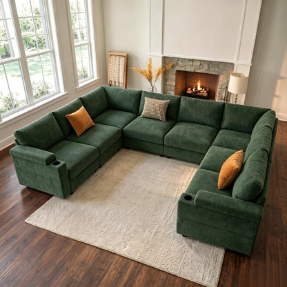 Modular Sectional Sofa,Modern Chenille U Shaped Cloud Couches,Deep Seat Sofa,Convertible L Shaped Corner Couches for Living Room, Apartment,Office,8 Seat,Green