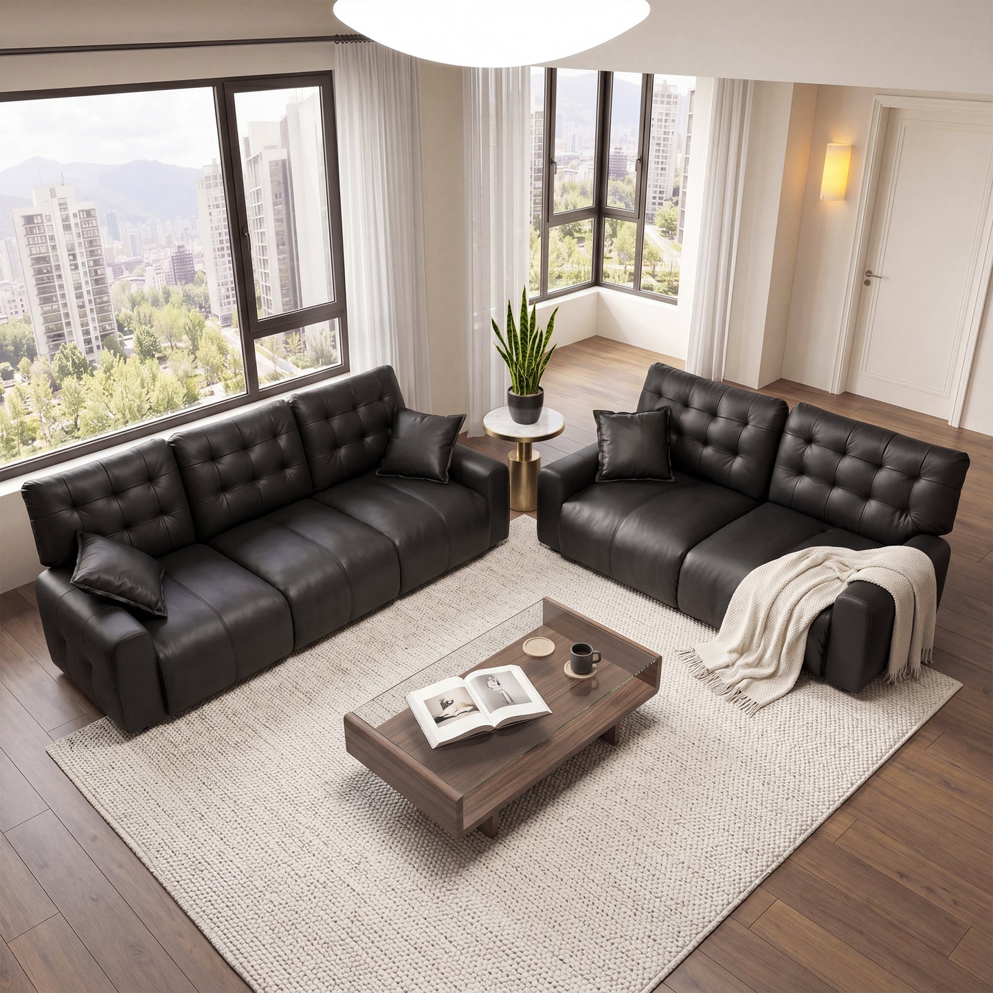 Oversized  Cloud Sofa Couch,Comfy Upholstered Faux Leather Sofas Couches with Deep Seat,Adjustable Back,Modern Sofa for Living Room, Apartment, or Office-Black