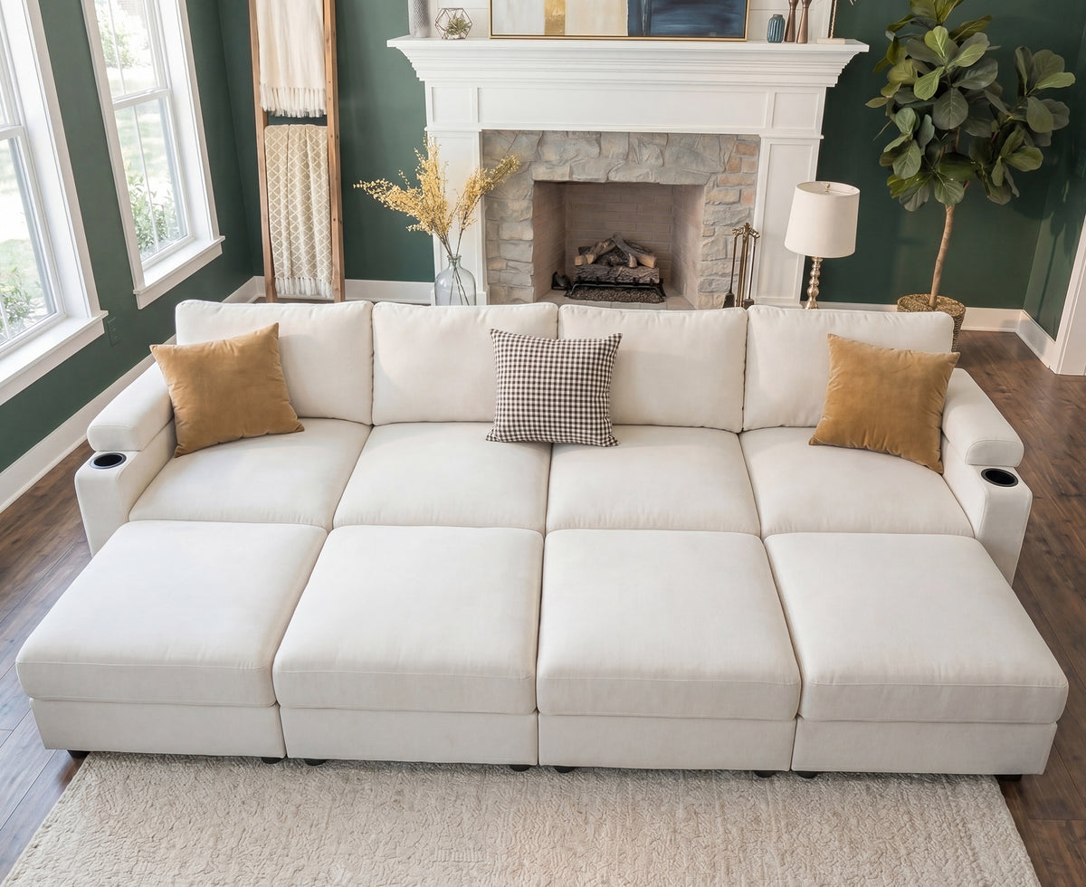 Oversized Modular Sectional Sofa,4-Seat Cloud Couch with 4 Moveable Ottomans,Comfy Chenille Deep Seat Sofa for Living Room, Apartment,Beige