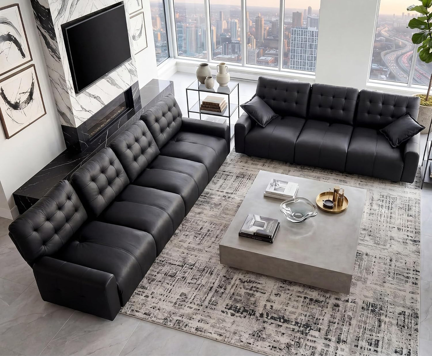 Oversized  Cloud Sofa Couch,Comfy Upholstered Faux Leather Sofas Couches with Deep Seat,Adjustable Back,Modern Sofa for Living Room, Apartment, or Office-Black