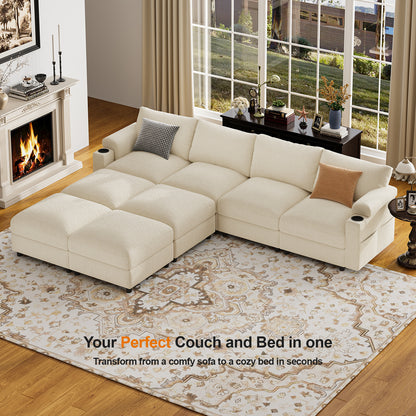 Oversized Modular Sectional Sofa,4-Seat Cloud Couch with 4 Moveable Ottomans,Comfy Chenille Deep Seat Sofa for Living Room, Apartment,Beige