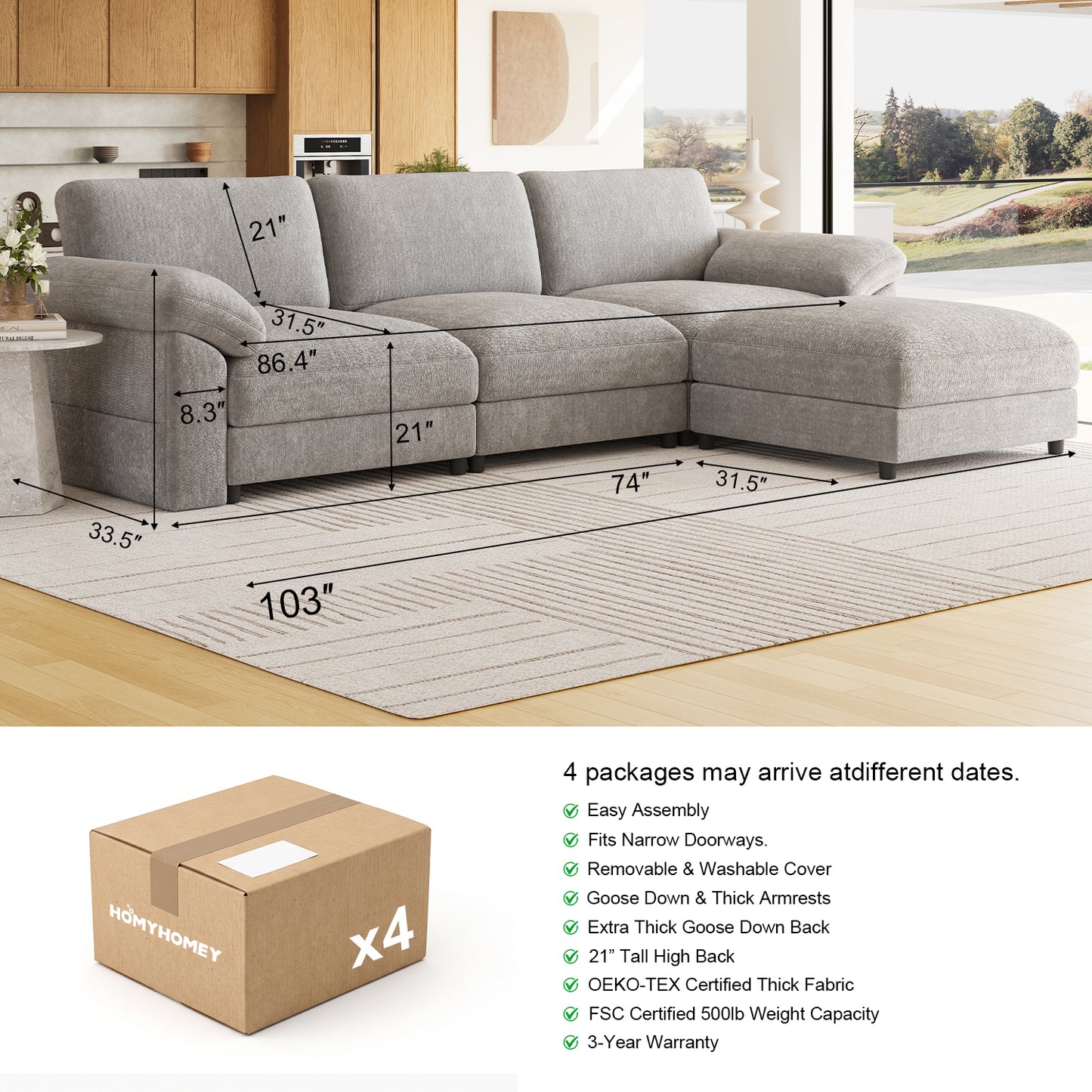 Extra Large L Shaped Modular Sectional Sofa,3 Seat Cloud Couch for Living Room,Movable Ottoman,Sturdy Frame, Easy Assembly, Soft Chenille