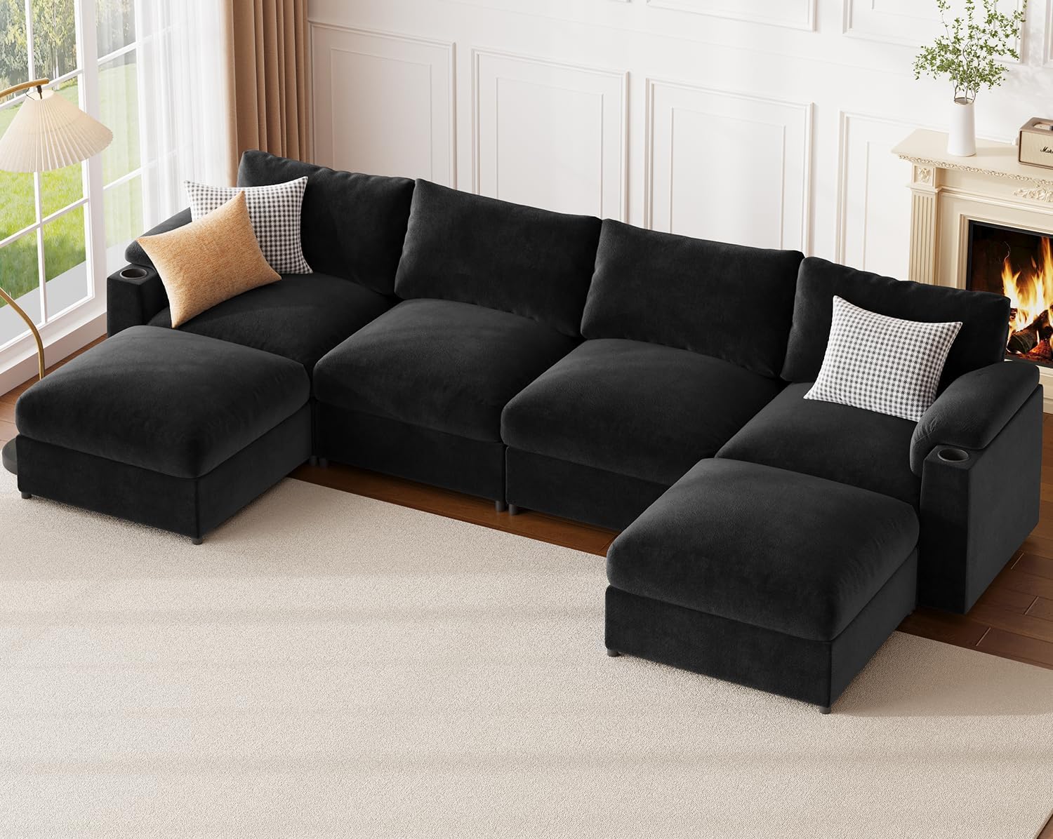 HOMYHOMEY Modular Sectional Sofa Couch for Living Room Velvet Couches Oversized U Shaped Convertible Sleeper Sofa Chaise Detachable Armrest Cushion Cup Holder (Black, 6 Seats) - HOMYHOMEY DIRECT