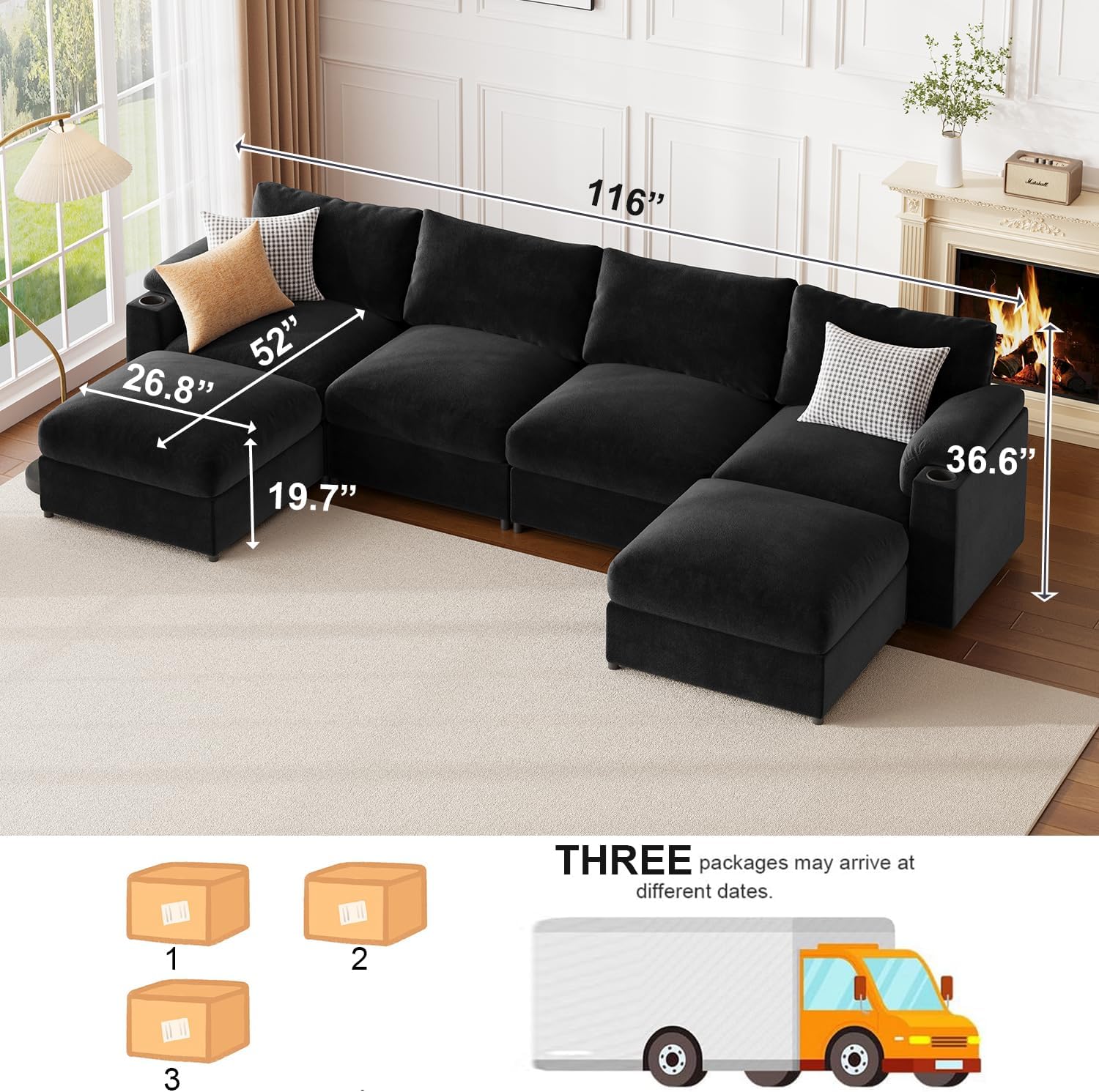 HOMYHOMEY Modular Sectional Sofa Couch for Living Room Velvet Couches Oversized U Shaped Convertible Sleeper Sofa Chaise Detachable Armrest Cushion Cup Holder (Black, 6 Seats) - HOMYHOMEY DIRECT
