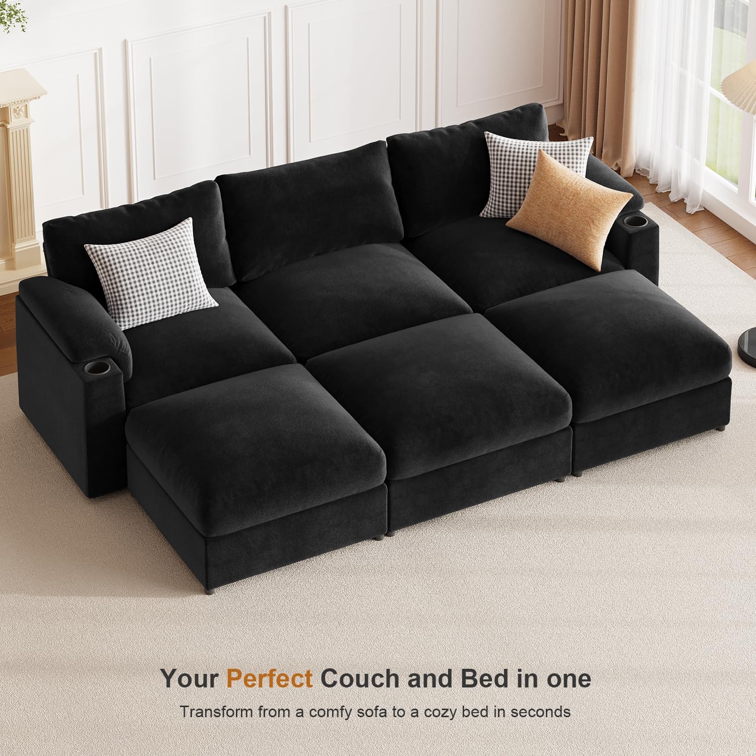 HOMYHOMEY Modular Sectional Sofa Couch for Living Room Velvet Couches Oversized U Shaped Convertible Sleeper Sofa Chaise Detachable Armrest Cushion Cup Holder (Black, 6 Seats) - HOMYHOMEY DIRECT