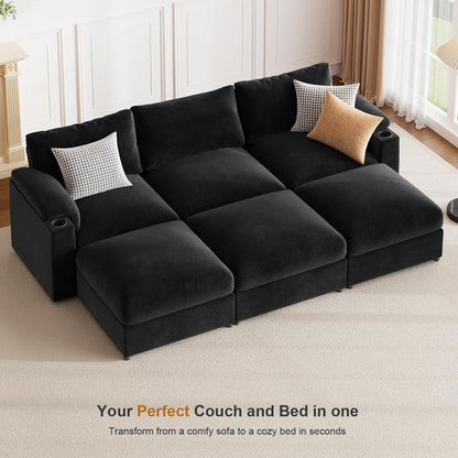 HOMYHOMEY Modular Sectional Sofa Couch for Living Room Velvet Couches Oversized U Shaped Convertible Sleeper Sofa Chaise Detachable Armrest Cushion Cup Holder (Black, 6 Seats) - HOMYHOMEY DIRECT