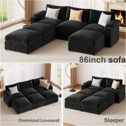 HOMYHOMEY Modular Sectional Sofa Couch for Living Room Velvet Couches Oversized U Shaped Convertible Sleeper Sofa Chaise Detachable Armrest Cushion Cup Holder (Black, 6 Seats) - HOMYHOMEY DIRECT