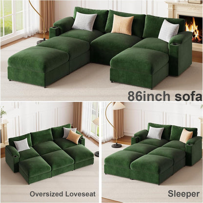 HOMYHOMEY Modular Sectional Sofa Couch for Living Room Velvet Couches Oversized U Shaped Convertible Sleeper Sofa Chaise Detachable Armrest Cushion Cup Holder (Chenille Green, 6 Seats) - HOMYHOMEY DIRECT