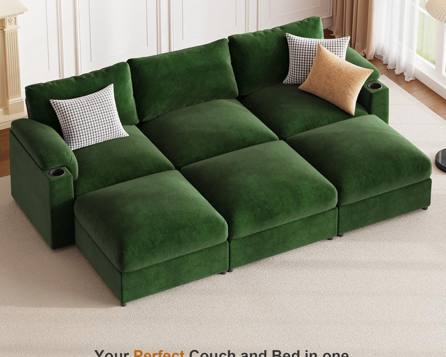 HOMYHOMEY Modular Sectional Sofa Couch for Living Room Velvet Couches Oversized U Shaped Convertible Sleeper Sofa Chaise Detachable Armrest Cushion Cup Holder (Chenille Green, 6 Seats) - HOMYHOMEY DIRECT