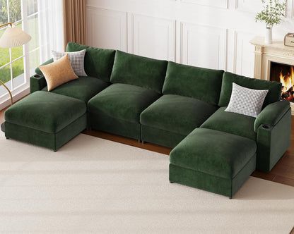 HOMYHOMEY Modular Sectional Sofa Couch for Living Room Velvet Couches Oversized U Shaped Convertible Sleeper Sofa Chaise Detachable Armrest Cushion Cup Holder (Chenille Green, 6 Seats) - HOMYHOMEY DIRECT