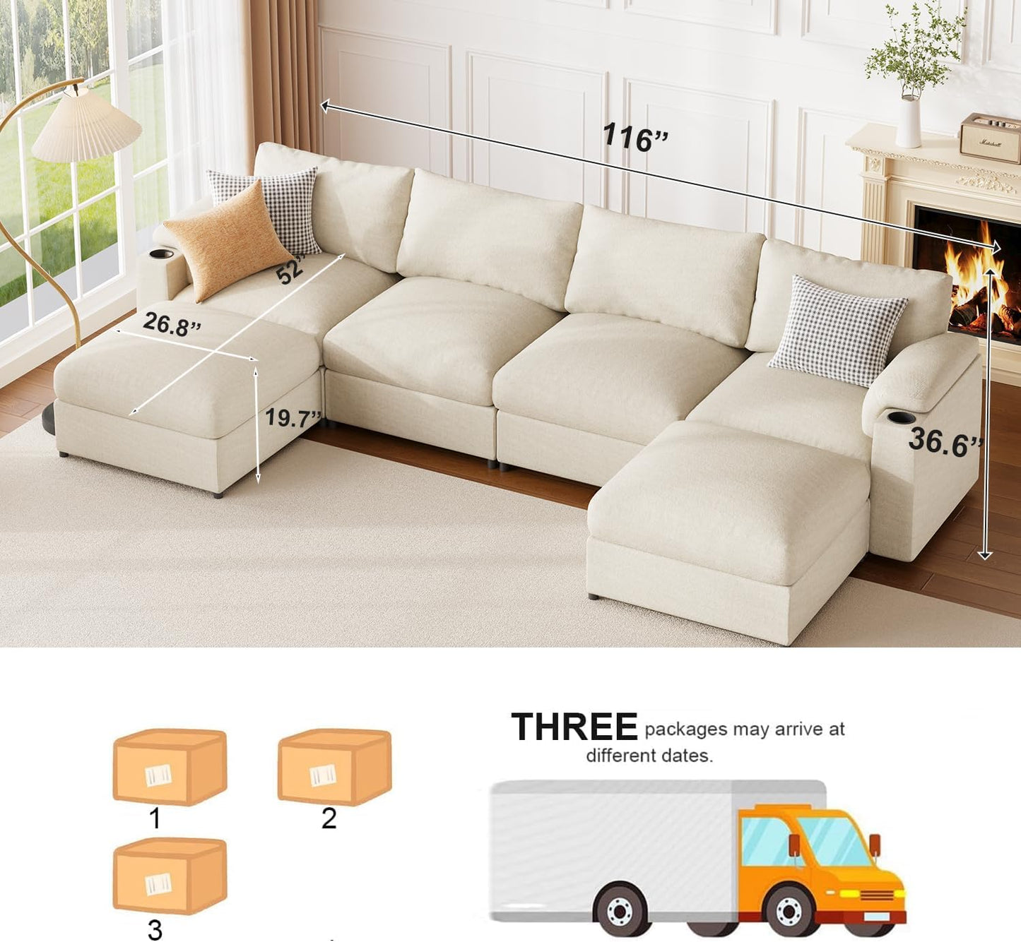 HOMYHOMEY Modular Sectional Sofa Couch for Living Room Velvet Couches Oversized U Shaped Convertible Sleeper Sofa Chaise Detachable Armrest Cushion Cup Holder (Chenille White, 6 Seats) - HOMYHOMEY DIRECT
