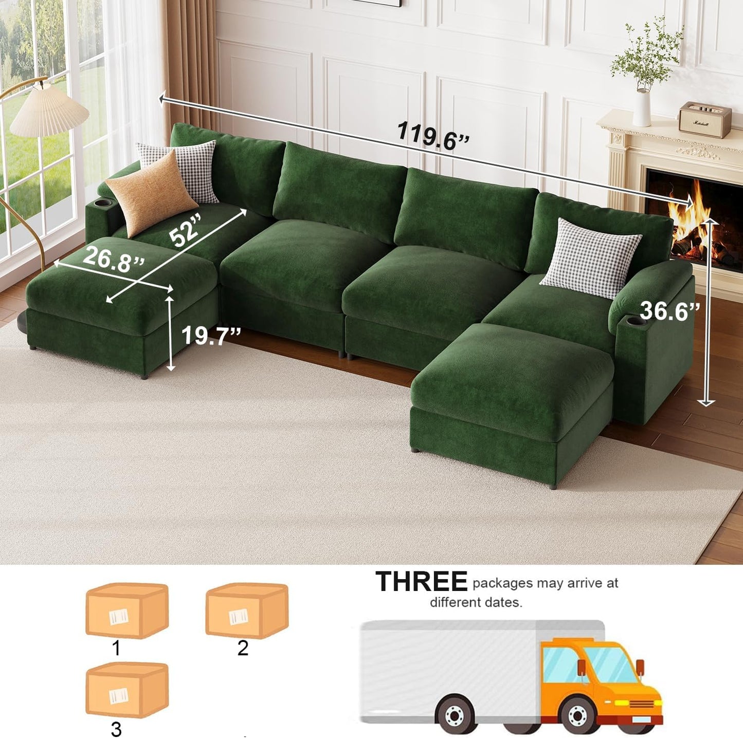HOMYHOMEY Modular Sectional Sofa Couch for Living Room Velvet Couches Oversized U Shaped Convertible Sleeper Sofa Chaise Detachable Armrest Cushion Cup Holder (Chenille Green, 6 Seats) - HOMYHOMEY DIRECT