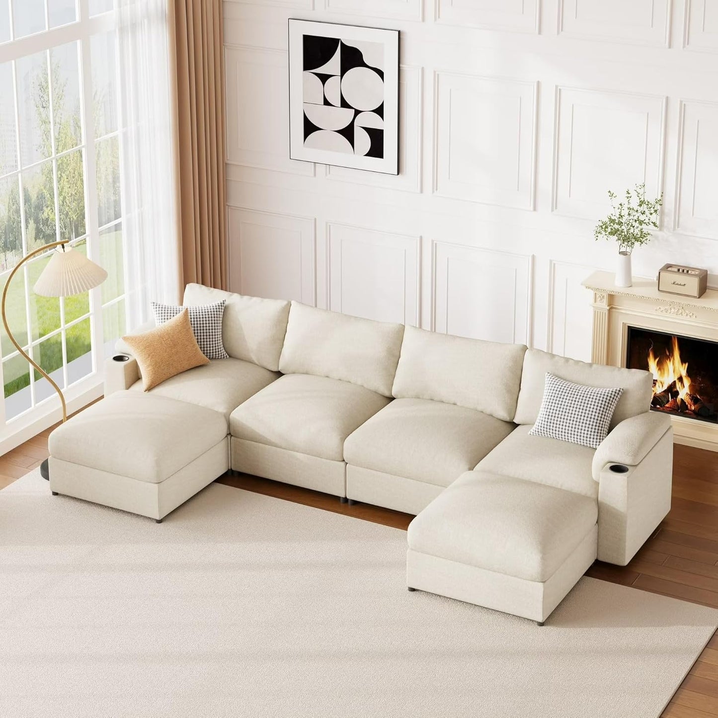 HOMYHOMEY Modular Sectional Sofa Couch for Living Room Velvet Couches Oversized U Shaped Convertible Sleeper Sofa Chaise Detachable Armrest Cushion Cup Holder (Chenille White, 6 Seats) - HOMYHOMEY DIRECT