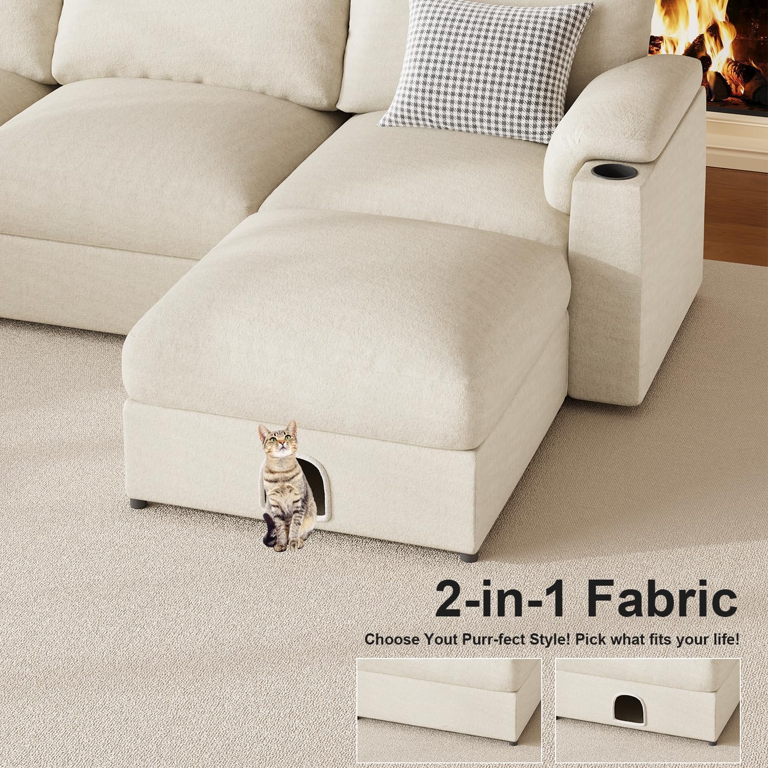 HOMYHOMEY Modular Sectional Sofa Couch for Living Room Velvet Couches Oversized U Shaped Convertible Sleeper Sofa Chaise Detachable Armrest Cushion Cup Holder (Chenille White, 6 Seats) - HOMYHOMEY DIRECT