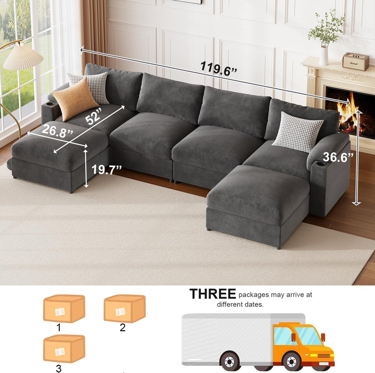 HOMYHOMEY Modular Sectional Sofa Couch for Living Room Velvet Couches Oversized U Shaped Convertible Sleeper Sofa Chaise Detachable Armrest Cushion Cup Holder (Grey, 6 Seats) - HOMYHOMEY DIRECT