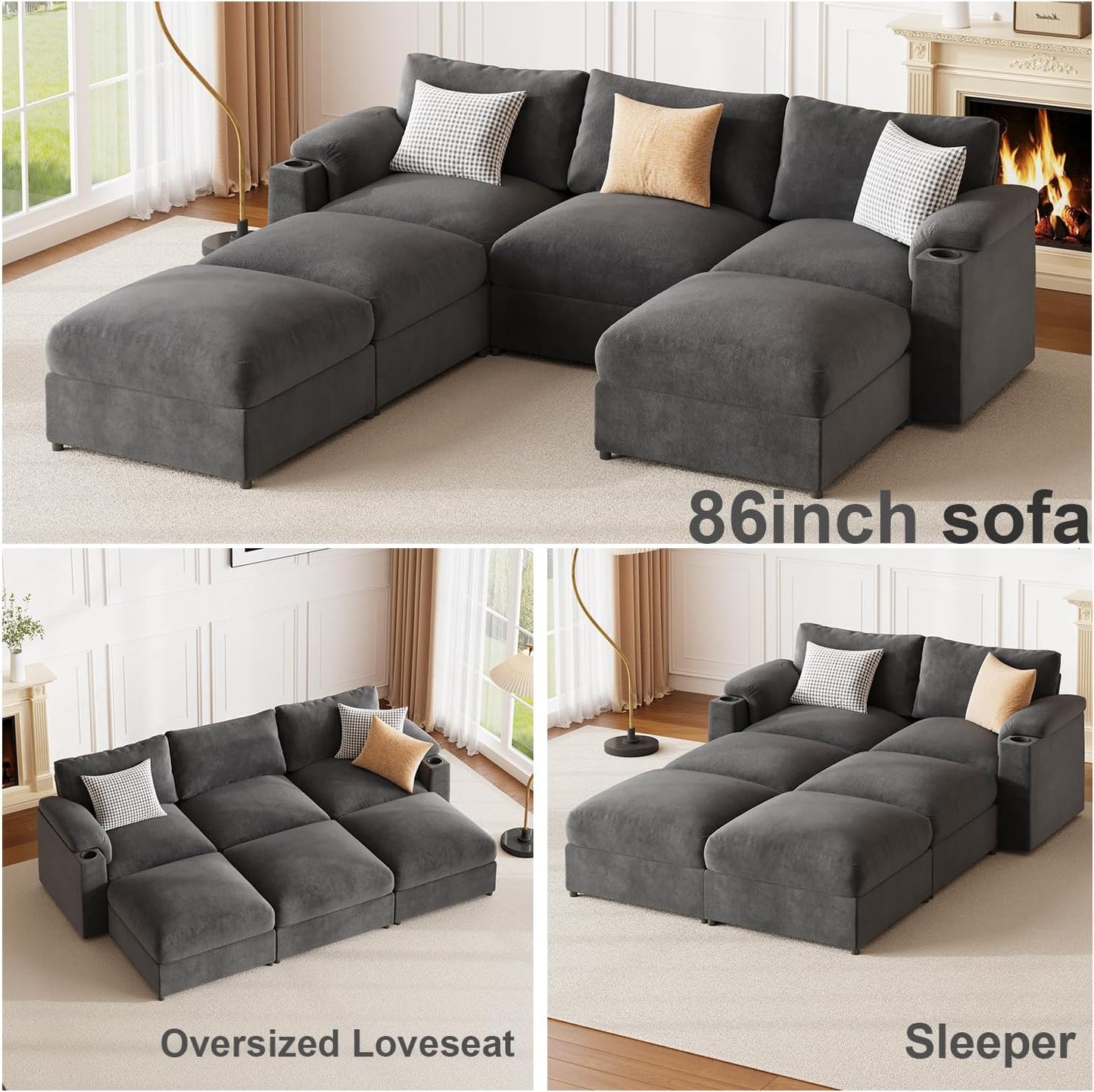 HOMYHOMEY Modular Sectional Sofa Couch for Living Room Velvet Couches Oversized U Shaped Convertible Sleeper Sofa Chaise Detachable Armrest Cushion Cup Holder (Grey, 6 Seats) - HOMYHOMEY DIRECT
