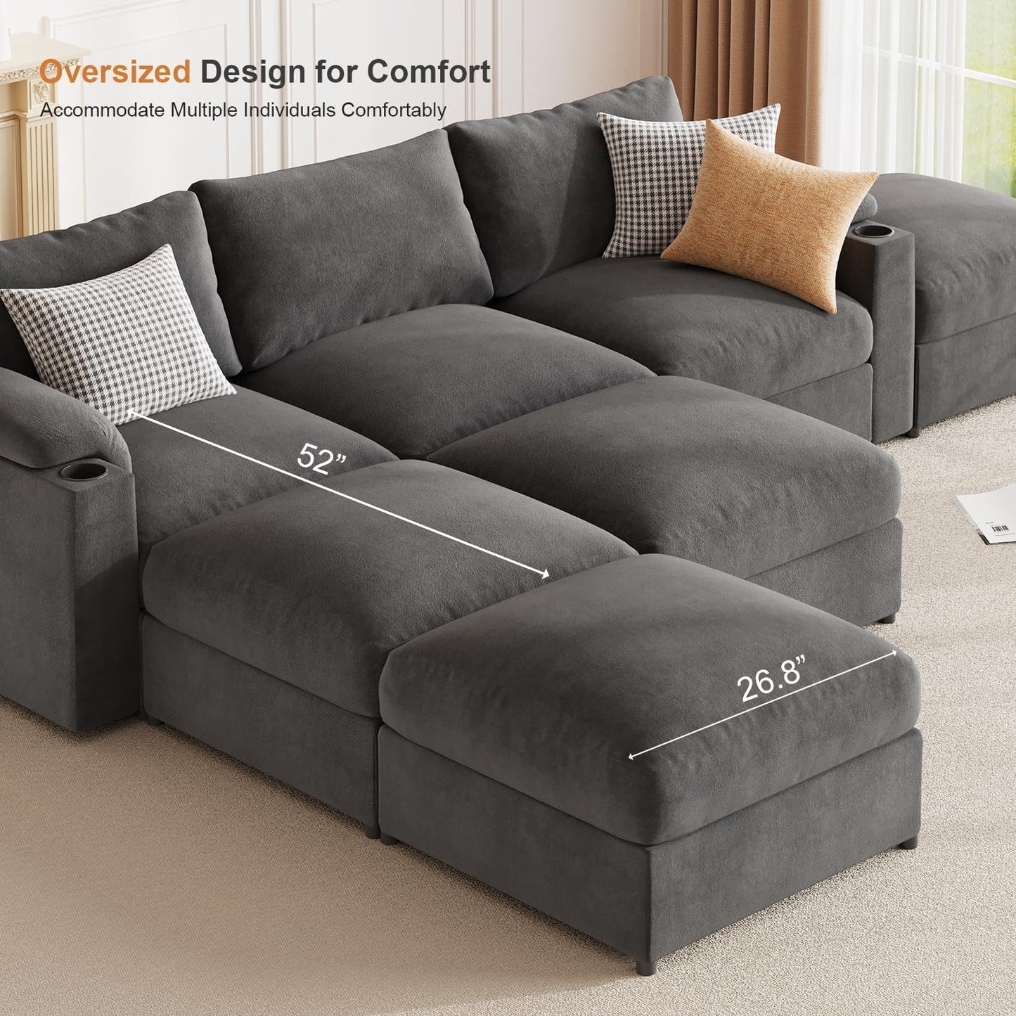 HOMYHOMEY Modular Sectional Sofa Couch for Living Room Velvet Couches Oversized U Shaped Convertible Sleeper Sofa Chaise Detachable Armrest Cushion Cup Holder (Grey, 6 Seats) - HOMYHOMEY DIRECT