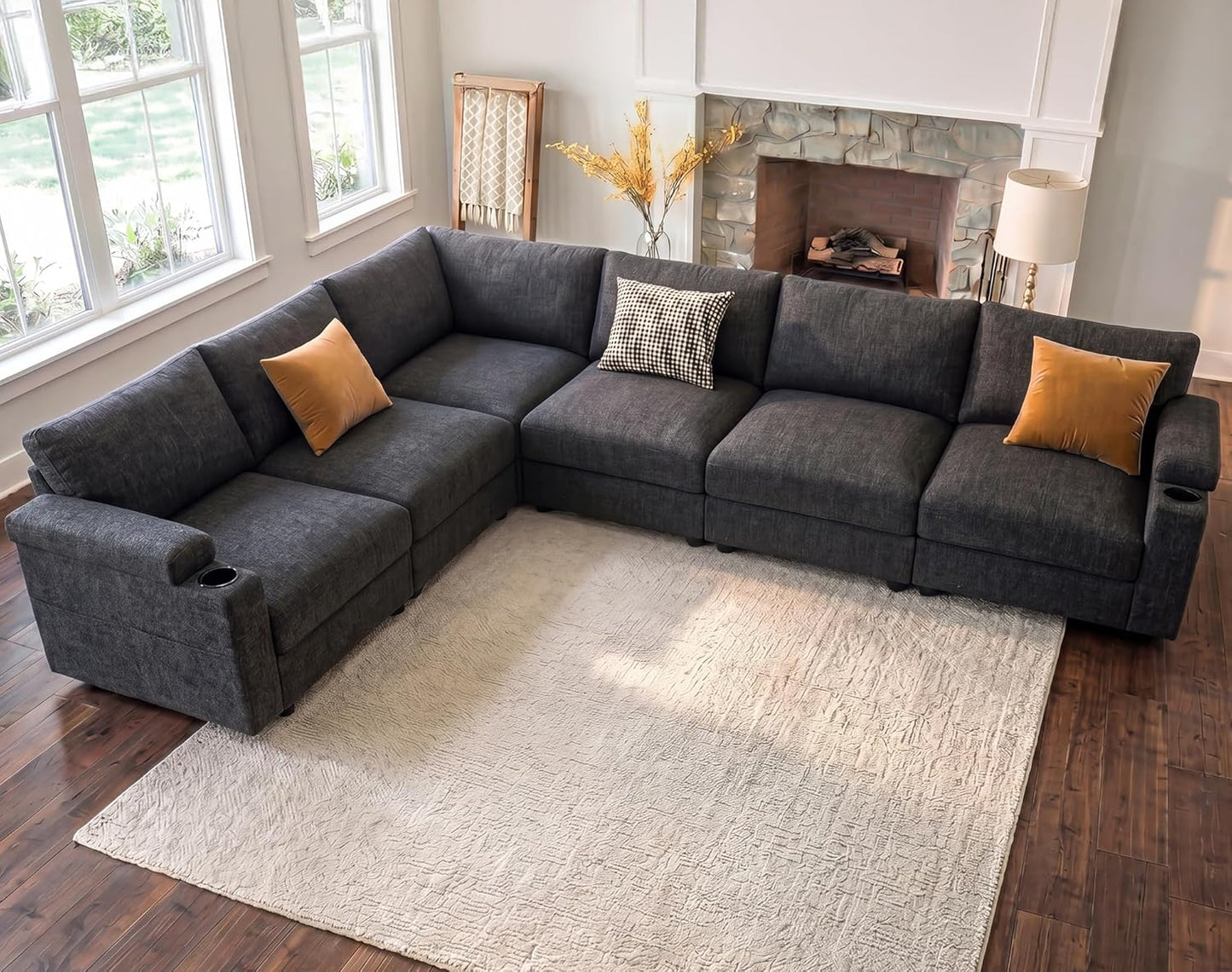 HOMYHOMEY Sectional Couches for Living Room FSC Certified Chenille Modular Couch Oversized Cloud U Shaped Convertible Sleeper Sofa Chaise Detachable Armrest Cushion - HOMYHOMEY DIRECT