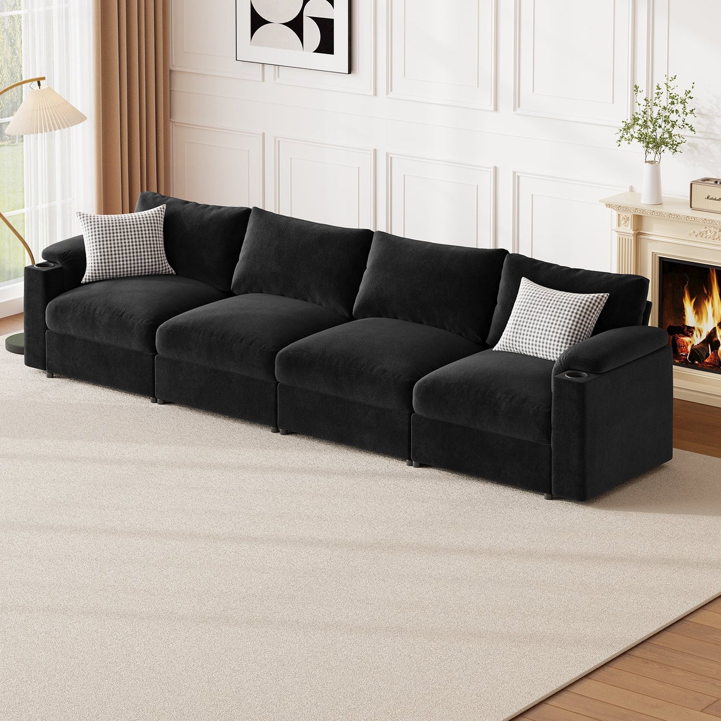 I Shaped Modular Sectional Cloud Sofa Velvet Modern Couch, 4 Seat Sofas with Cup Holders, Thickened Seat Cushion for Apartment, Office - HOMYHOMEY DIRECT