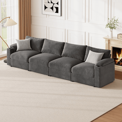 I Shaped Modular Sectional Cloud Sofa Velvet Modern Couch, 4 Seat Sofas with Cup Holders, Thickened Seat Cushion for Apartment, Office - HOMYHOMEY DIRECT
