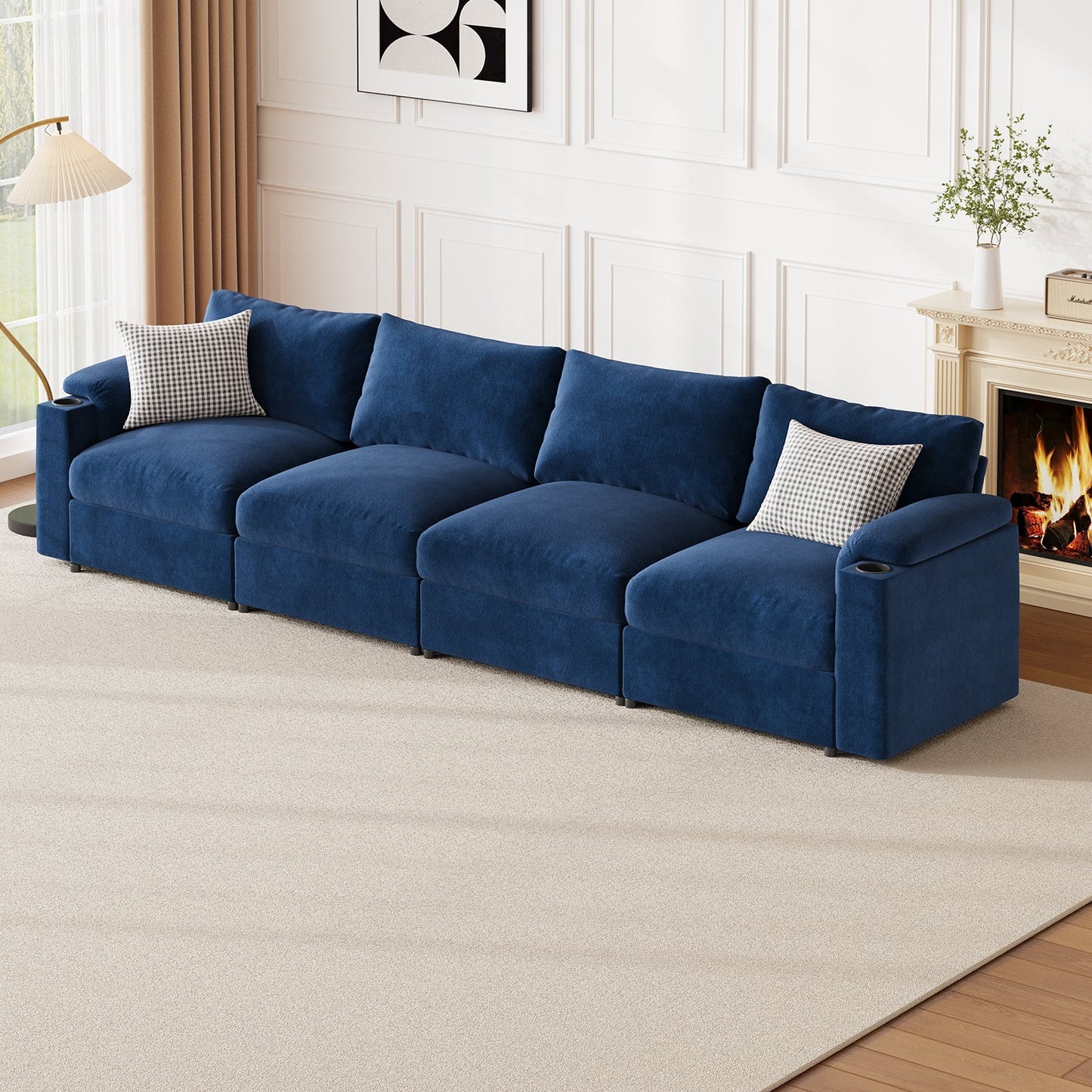I Shaped Modular Sectional Cloud Sofa Velvet Modern Couch, 4 Seat Sofas with Cup Holders, Thickened Seat Cushion for Apartment, Office - HOMYHOMEY DIRECT