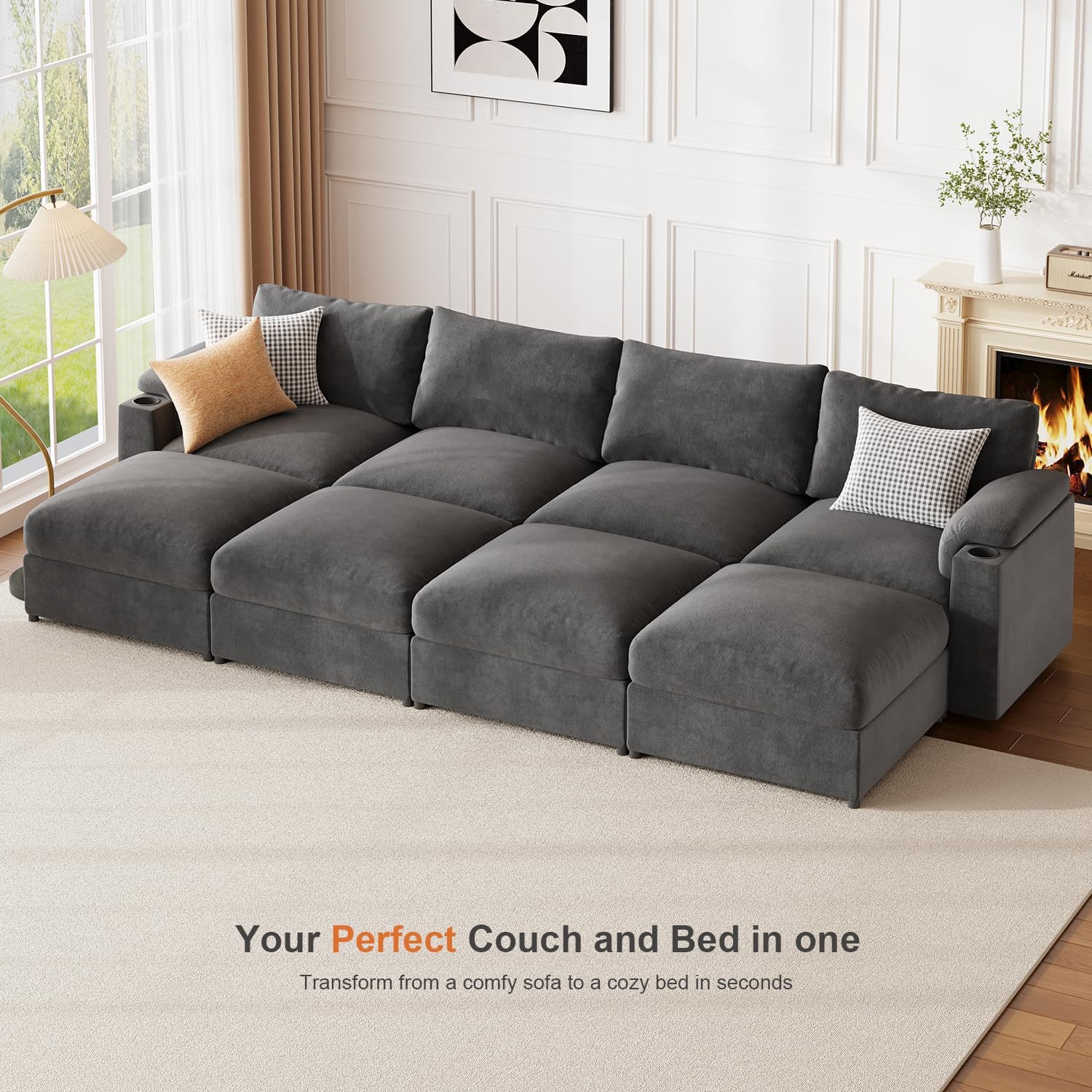 Modular Sectional Sofa Couch for Living Room Velvet Cloud Couches Oversized U Shaped Sectional Couch Convertible Sleeper Sofa Chaise Padded Armrests Cup Holder - HOMYHOMEY DIRECT