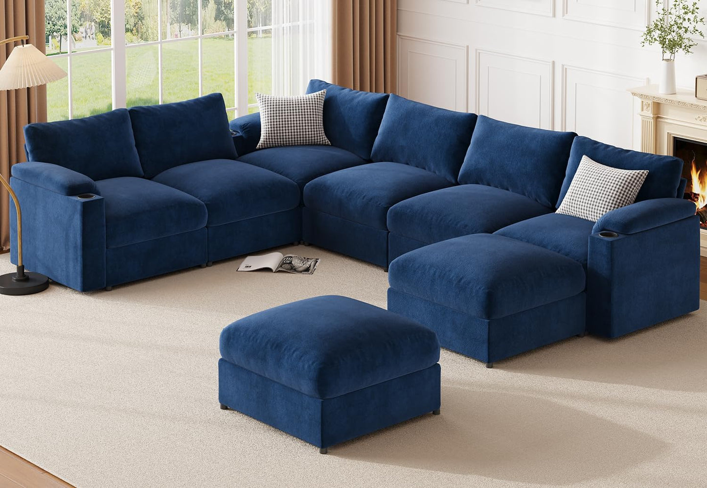 Modular Sectional Sofa Couch for Living Room Velvet Cloud Couches Oversized U Shaped Sectional Couch Convertible Sleeper Sofa Chaise Padded Armrests Cup Holder - HOMYHOMEY DIRECT