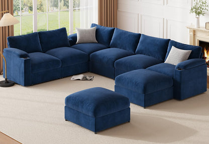 Modular Sectional Sofa Couch for Living Room Velvet Cloud Couches Oversized U Shaped Sectional Couch Convertible Sleeper Sofa Chaise Padded Armrests Cup Holder - HOMYHOMEY DIRECT