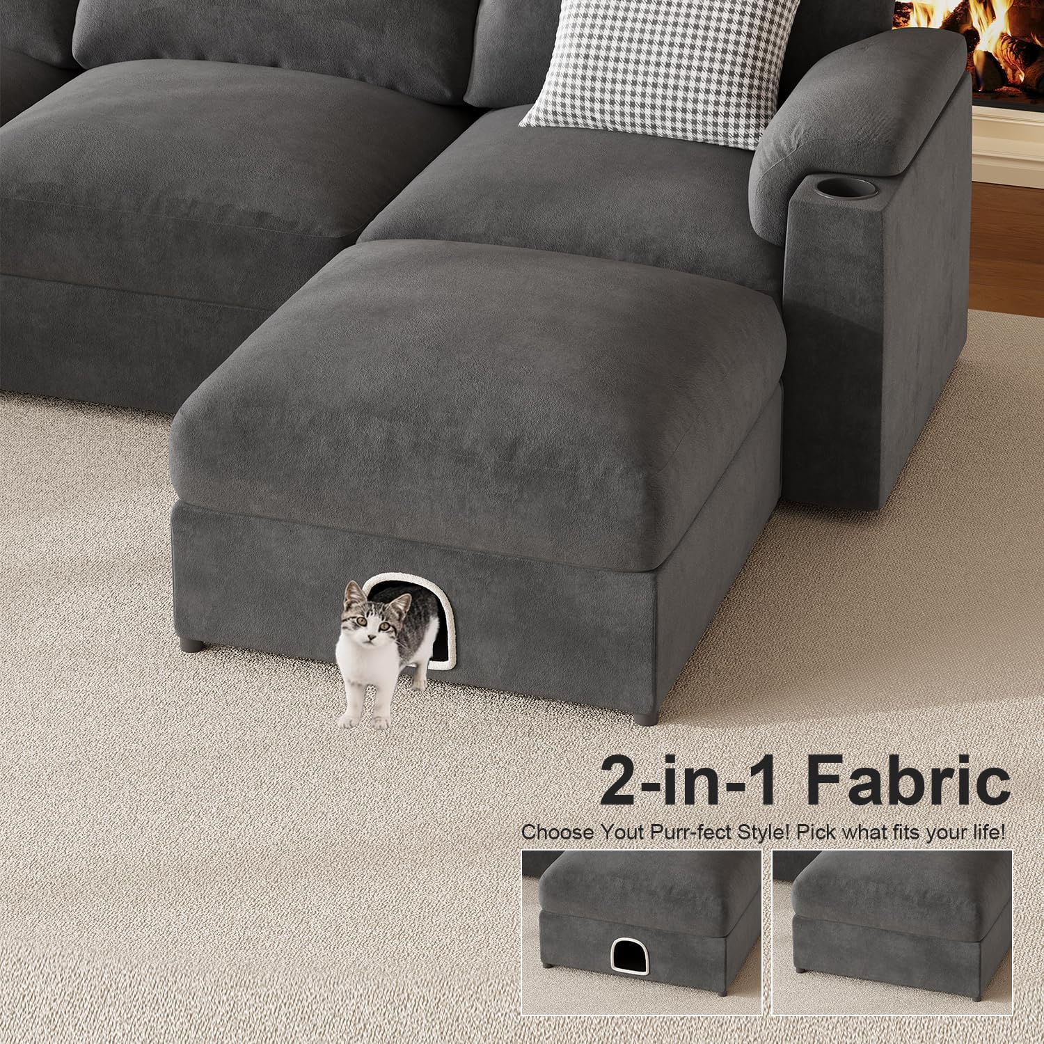 Modular Sectional Sofa Couch for Living Room Velvet Cloud Couches Oversized U Shaped Sectional Couch Convertible Sleeper Sofa Chaise Padded Armrests Cup Holder - HOMYHOMEY DIRECT