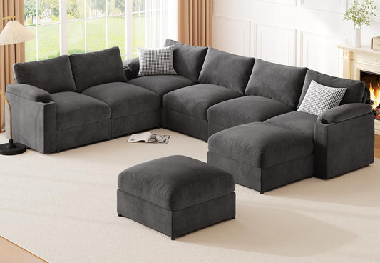 Modular Sectional Sofa Couch for Living Room Velvet Cloud Couches Oversized U Shaped Sectional Couch Convertible Sleeper Sofa Chaise Padded Armrests Cup Holder - HOMYHOMEY DIRECT