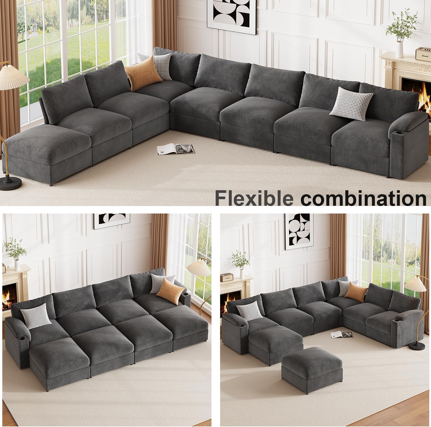 Modular Sectional Sofa Couch for Living Room Velvet Cloud Couches Oversized U Shaped Sectional Couch Convertible Sleeper Sofa Chaise Padded Armrests Cup Holder - HOMYHOMEY DIRECT