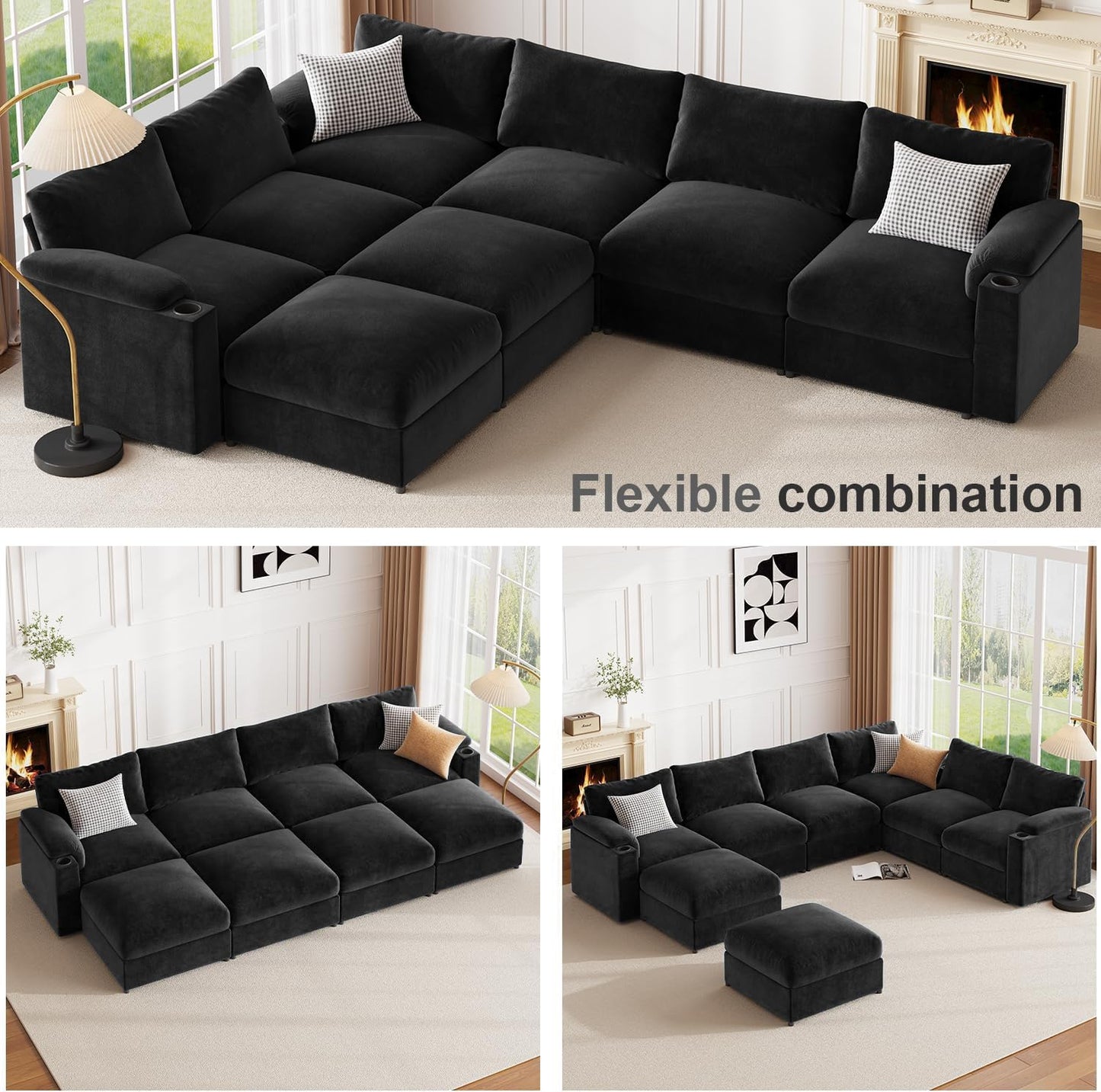 Modular Sectional Sofa Couch for Living Room Velvet Couches Oversized U Shaped Convertible Sleeper Sofa Chaise Detachable Armrest Cushion Cup Holder (Black, 8 Seats) - HOMYHOMEY DIRECT