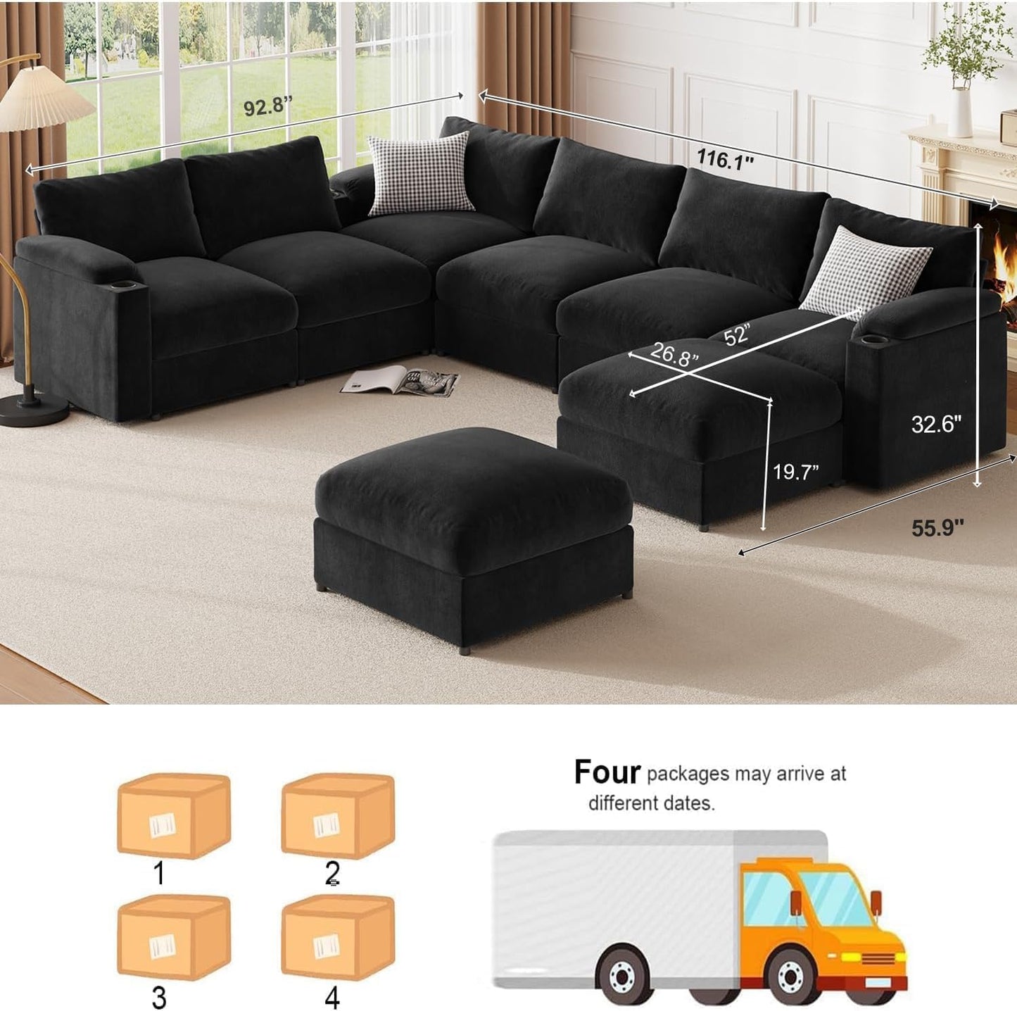 Modular Sectional Sofa Couch for Living Room Velvet Couches Oversized U Shaped Convertible Sleeper Sofa Chaise Detachable Armrest Cushion Cup Holder (Black, 8 Seats) - HOMYHOMEY DIRECT