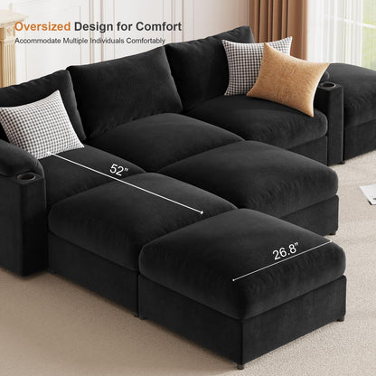 Modular Sectional Sofa Couch for Living Room Velvet Couches Oversized U Shaped Convertible Sleeper Sofa Chaise Detachable Armrest Cushion Cup Holder (Black, 8 Seats) - HOMYHOMEY DIRECT