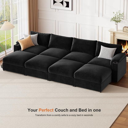 Modular Sectional Sofa Couch for Living Room Velvet Couches Oversized U Shaped Convertible Sleeper Sofa Chaise Detachable Armrest Cushion Cup Holder (Black, 8 Seats) - HOMYHOMEY DIRECT