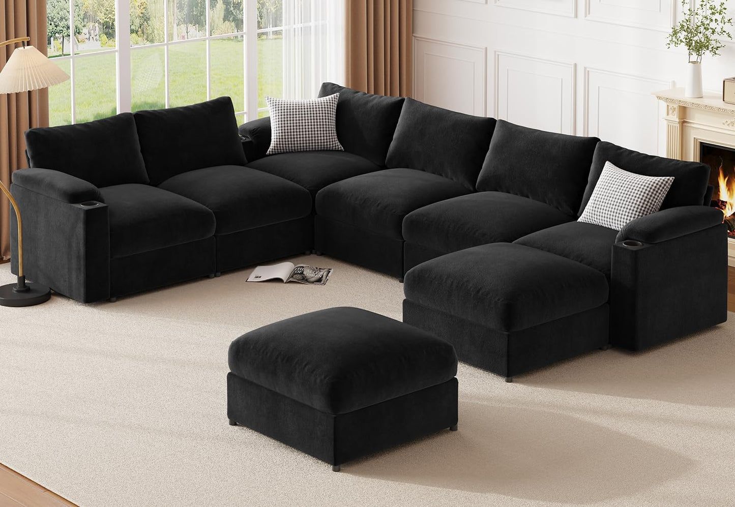 Modular Sectional Sofa Couch for Living Room Velvet Couches Oversized U Shaped Convertible Sleeper Sofa Chaise Detachable Armrest Cushion Cup Holder (Black, 8 Seats) - HOMYHOMEY DIRECT
