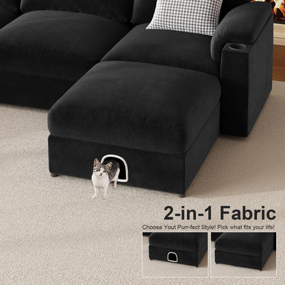 Modular Sectional Sofa Couch for Living Room Velvet Couches Oversized U Shaped Convertible Sleeper Sofa Chaise Detachable Armrest Cushion Cup Holder (Black, 8 Seats) - HOMYHOMEY DIRECT