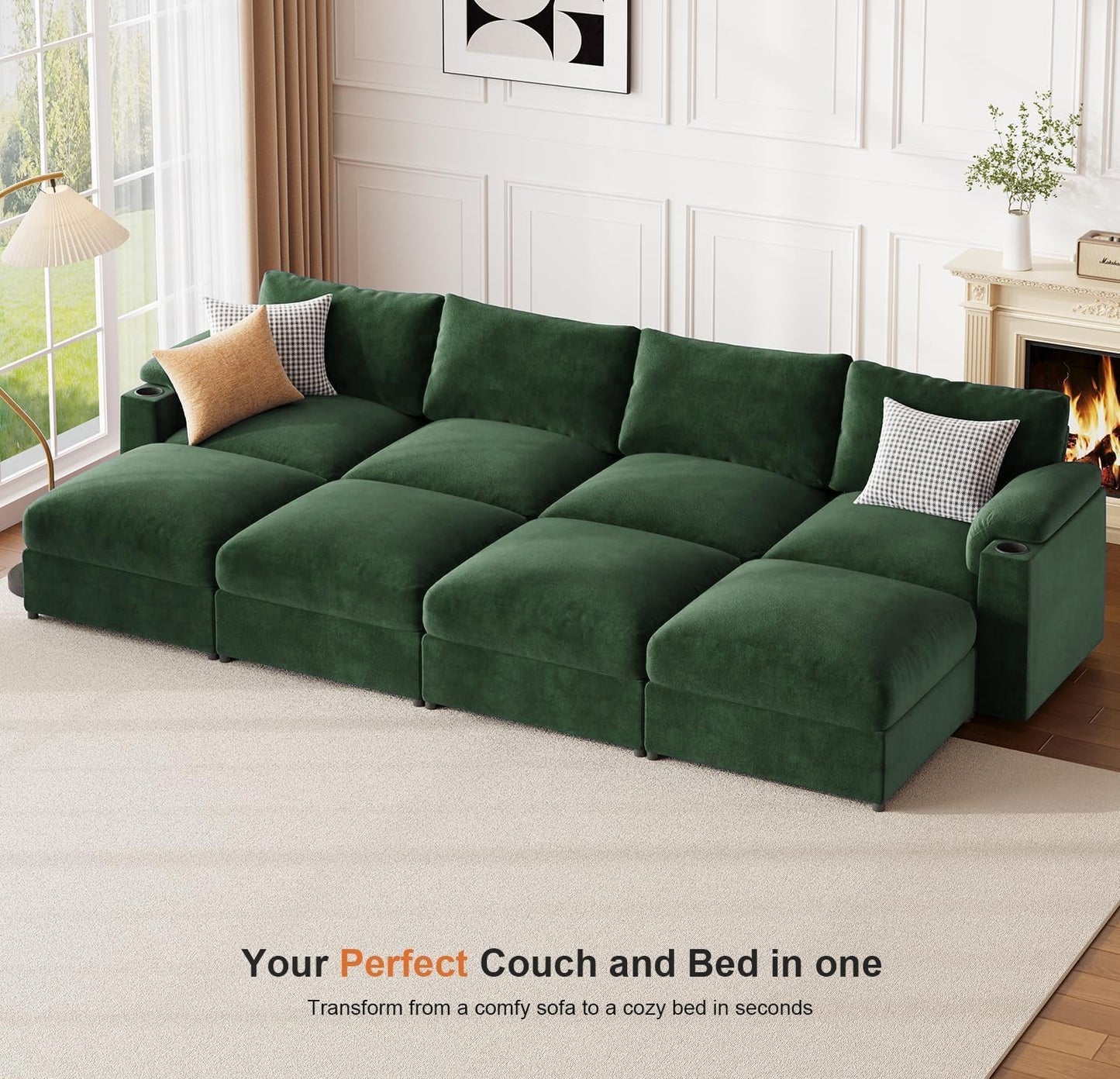 Modular Sectional Sofa Couch for Living Room Velvet Couches Oversized U Shaped Convertible Sleeper Sofa Chaise Detachable Armrest Cushion Cup Holder (Chenille Green, 8 Seats) - HOMYHOMEY DIRECT