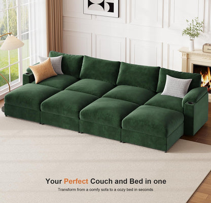 Modular Sectional Sofa Couch for Living Room Velvet Couches Oversized U Shaped Convertible Sleeper Sofa Chaise Detachable Armrest Cushion Cup Holder (Chenille Green, 8 Seats) - HOMYHOMEY DIRECT
