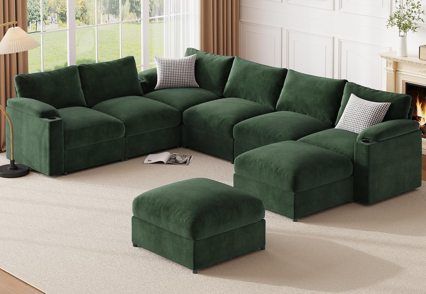 Modular Sectional Sofa Couch for Living Room Velvet Couches Oversized U Shaped Convertible Sleeper Sofa Chaise Detachable Armrest Cushion Cup Holder (Chenille Green, 8 Seats) - HOMYHOMEY DIRECT